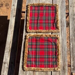 Newport Plaid Flannel Fur Trim Pillow Covers Set of 2 | 19x19 Red Cabin Holiday